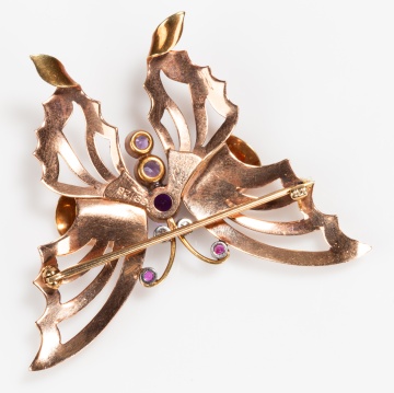 Retro 14K Rose Gold, Amethyst, Natural Ruby and Diamond Butterfly Brooch