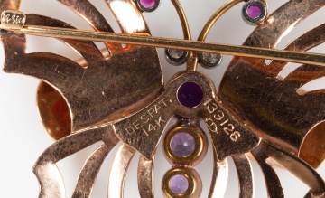 Retro 14K Rose Gold, Amethyst, Natural Ruby and Diamond Butterfly Brooch