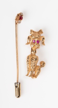 14K Gold Poodle Brooch and a Gold, Natural Ruby and Diamond Stick Pin