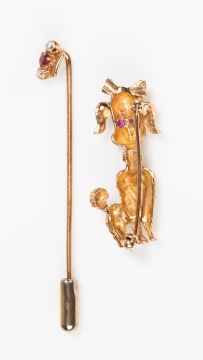 14K Gold Poodle Brooch and a Gold, Natural Ruby and Diamond Stick Pin