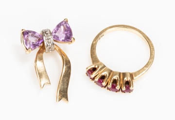 14K Gold, Amethyst and Diamond Bow Brooch and a 14K Gold and Natural Ruby Ring