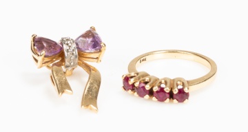 14K Gold, Amethyst and Diamond Bow Brooch and a 14K Gold and Natural Ruby Ring