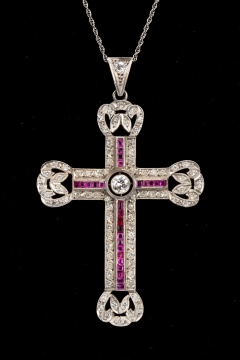 Platinum, Diamond and Natural Ruby Cross Pendant Necklace