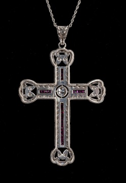 Platinum, Diamond and Natural Ruby Cross Pendant Necklace