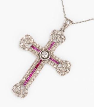 Platinum, Diamond and Natural Ruby Cross Pendant Necklace