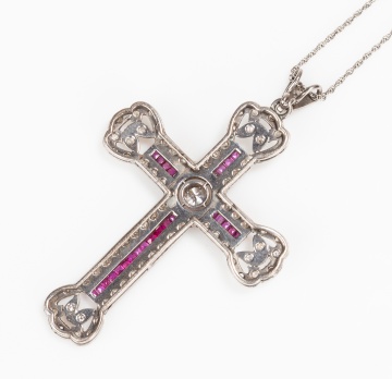 Platinum, Diamond and Natural Ruby Cross Pendant Necklace