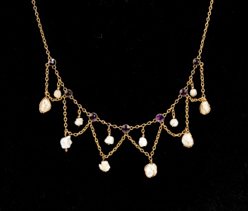 Edwardian Gold, Amethyst and Natural Freshwater Pearl Festoon Necklace