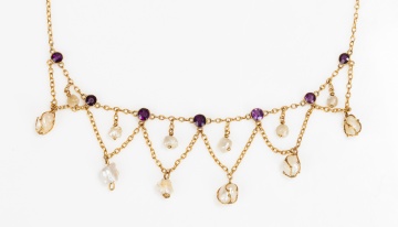Edwardian Gold, Amethyst and Natural Freshwater Pearl Festoon Necklace