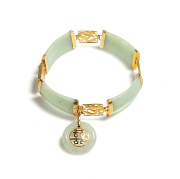 Chinese 14K Gold and Jade Bracelet with Double Happiness Charm