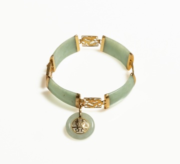 Chinese 14K Gold and Jade Bracelet with Double Happiness Charm