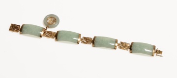Chinese 14K Gold and Jade Bracelet with Double Happiness Charm
