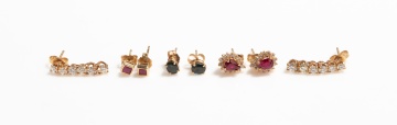 Four Pairs of Gold and Gem-Set Earrings, Including Diamond Drops