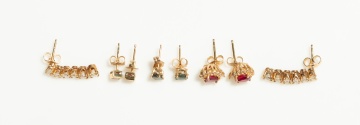 Four Pairs of Gold and Gem-Set Earrings, Including Diamond Drops