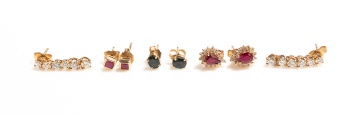 Four Pairs of Gold and Gem-Set Earrings, Including Diamond Drops