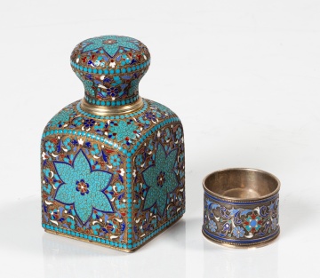 Russian Silver-Gilt and Cloisonne Enamel Tea Caddy and Napkin Ring