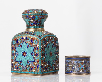 Russian Silver-Gilt and Cloisonne Enamel Tea Caddy and Napkin Ring