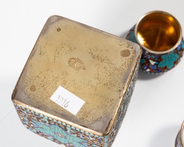 Russian Silver-Gilt and Cloisonne Enamel Tea Caddy and Napkin Ring