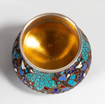 Russian Silver-Gilt and Cloisonne Enamel Tea Caddy and Napkin Ring