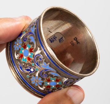 Russian Silver-Gilt and Cloisonne Enamel Tea Caddy and Napkin Ring