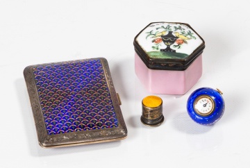 Enamel and Silver Articles: Guilloche Cigarette Case, Ball-Form Pendant Watch, Enamel Pill Box and Thimble