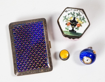 Enamel and Silver Articles: Guilloche Cigarette Case, Ball-Form Pendant Watch, Enamel Pill Box and Thimble