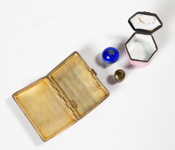 Enamel and Silver Articles: Guilloche Cigarette Case, Ball-Form Pendant Watch, Enamel Pill Box and Thimble