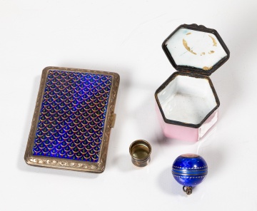 Enamel and Silver Articles: Guilloche Cigarette Case, Ball-Form Pendant Watch, Enamel Pill Box and Thimble