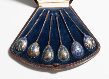 Six Russian Silver and Cloisonne Enamel Spoons