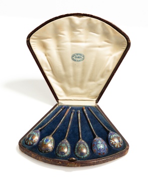 Six Russian Silver and Cloisonne Enamel Spoons
