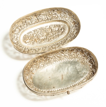 Pierced and Repousse Silver Oval Box with Swing Handle