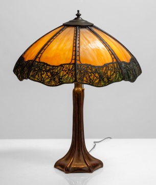Handel Slag Glass and Metal Overlay Panel Lamp