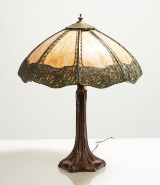 Handel Slag Glass and Metal Overlay Panel Lamp