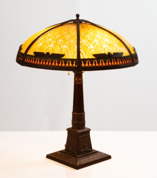 American Egyptian Revival Patinated Metal and Reverse-Painted Glass Table Lamp