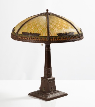 American Egyptian Revival Patinated Metal and Reverse-Painted Glass Table Lamp