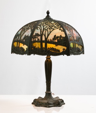 American Slag Glass Table Lamp with Landscape Overlay Shade