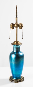 Steuben Blue Aurene Glass Lamp Base in Gilt Metal Mounts