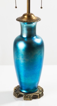 Steuben Blue Aurene Glass Lamp Base in Gilt Metal Mounts