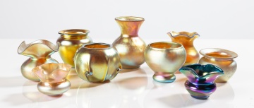 Nine Steuben Aurene Glass Cabinet Vases