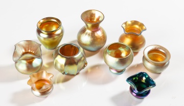 Nine Steuben Aurene Glass Cabinet Vases