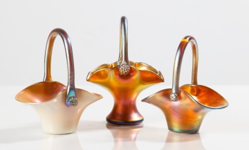 Three Steuben Aurene Glass Baskets with Raspberry Prunts