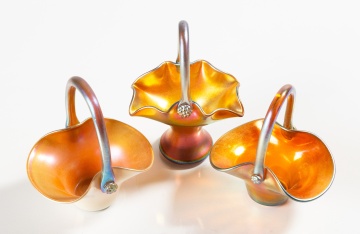 Three Steuben Aurene Glass Baskets with Raspberry Prunts