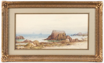 Alfred Thompson Bricher (American, 1837-1908) Rocky Shore at Low Tide with Sailboats