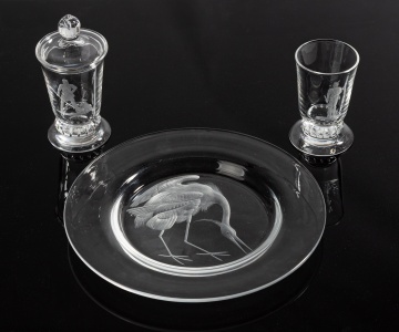 Steuben Engraved Heron Plate and Two 'American Ballad' Urns after Sidney Waugh