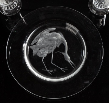 Steuben Engraved Heron Plate and Two 'American Ballad' Urns after Sidney Waugh