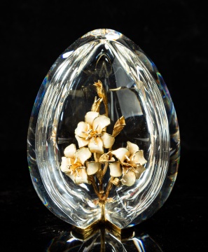 Steuben Crystal and 18K Gold Egg with Lilies