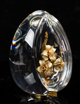Steuben Crystal and 18K Gold Egg with Lilies