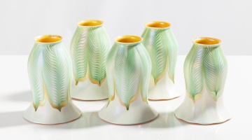 Five Quezal Pulled Feather Art Glass Shades