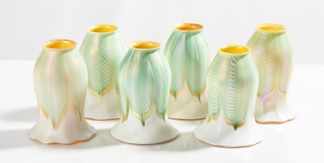 Six Quezal Pulled Feather Art Glass Shades