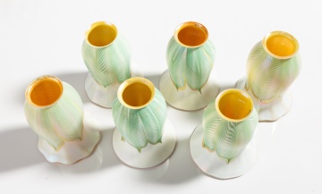Six Quezal Pulled Feather Art Glass Shades
