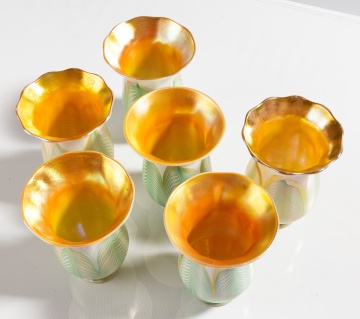 Six Quezal Pulled Feather Art Glass Shades